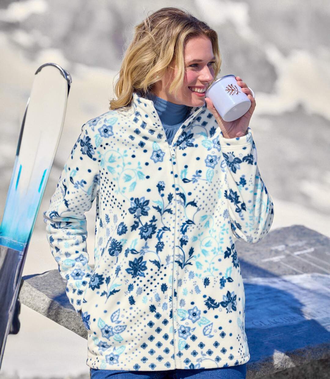Women's Ecru Printed Fleece Jacket-3