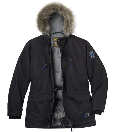Men's Black Padded Parka with Faux-Fur Hood - Water-Repellent