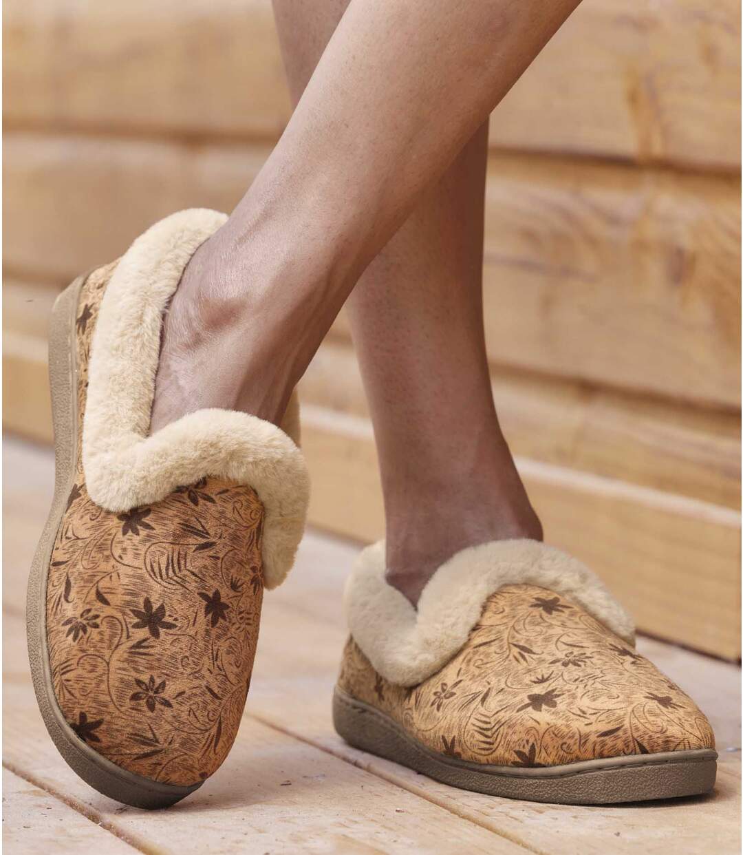 Women's Beige & Brown Velour Slippers-2