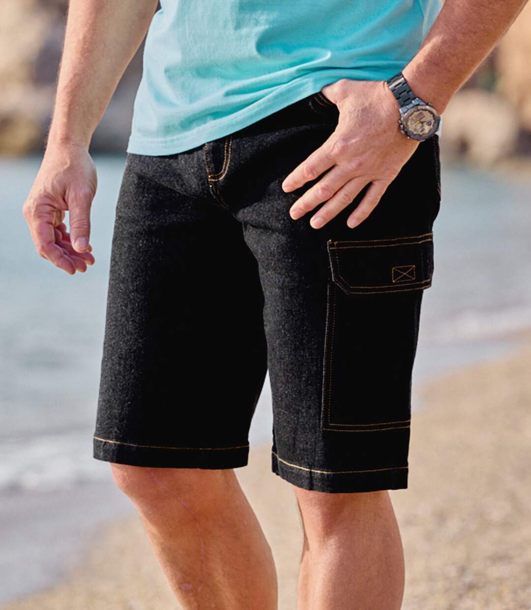Pack of 2 Men's Stretchy Denim Shorts - Blue Black-5